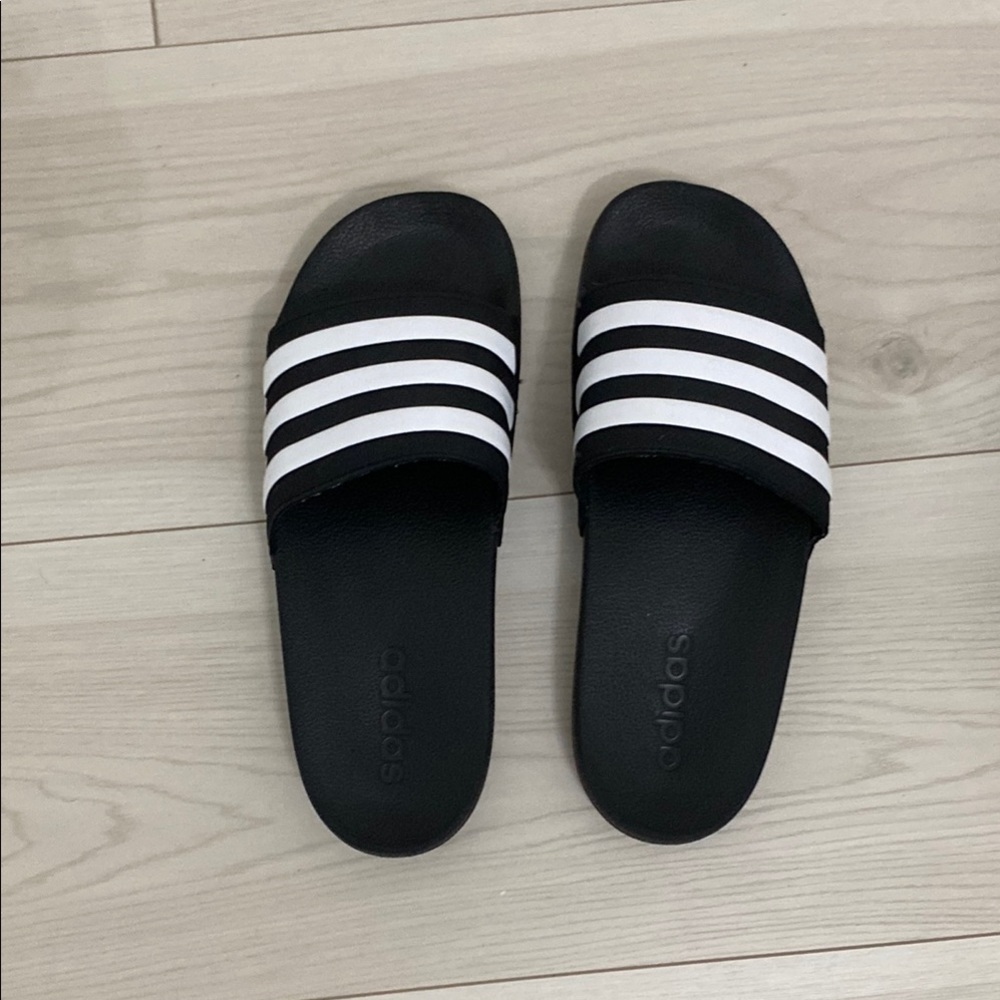 Adidas Black Slides with White Stripes